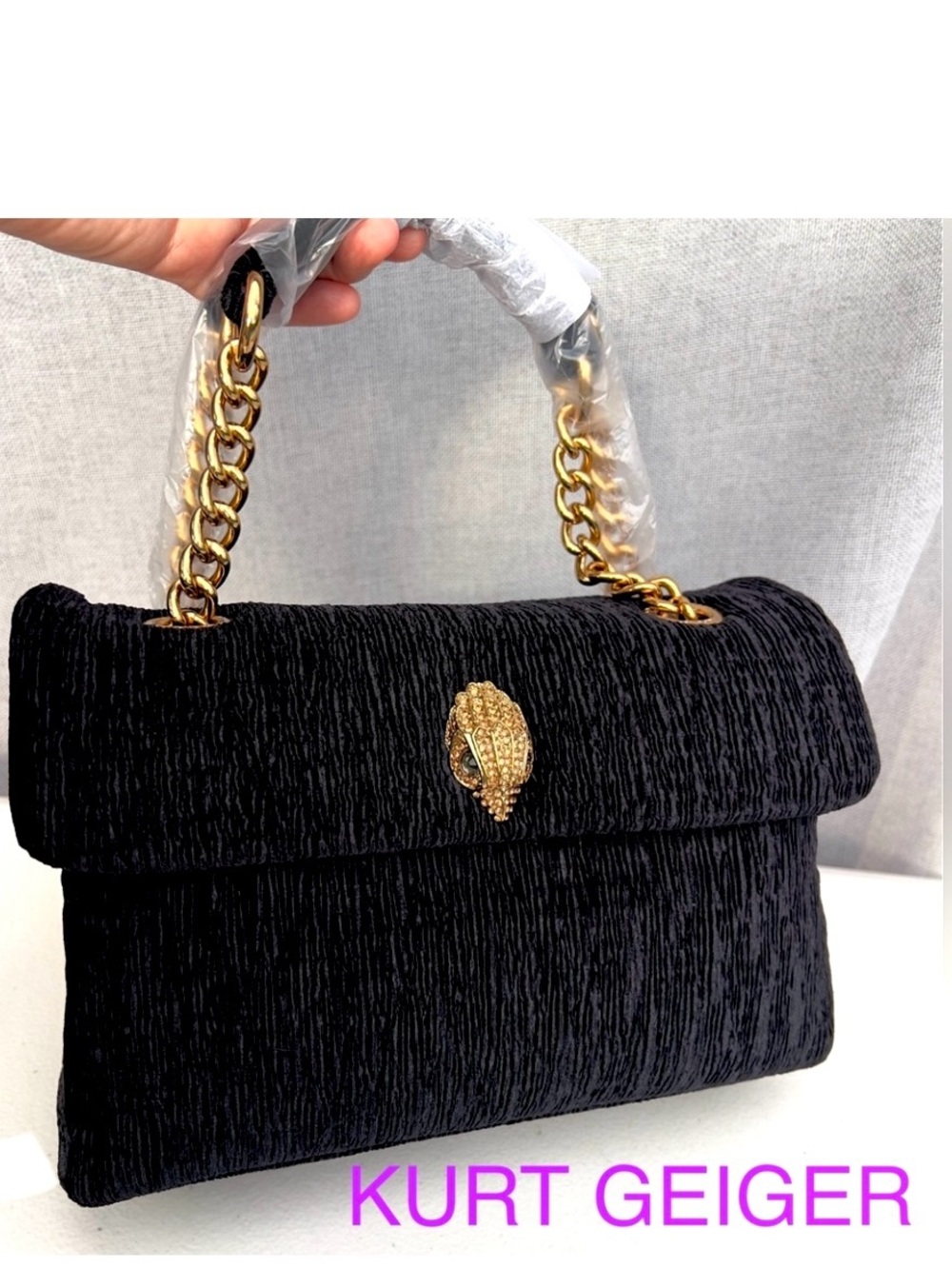 KURT GEIGER Kensington Soft Velvet Crystal Eagle Head convertible bag black